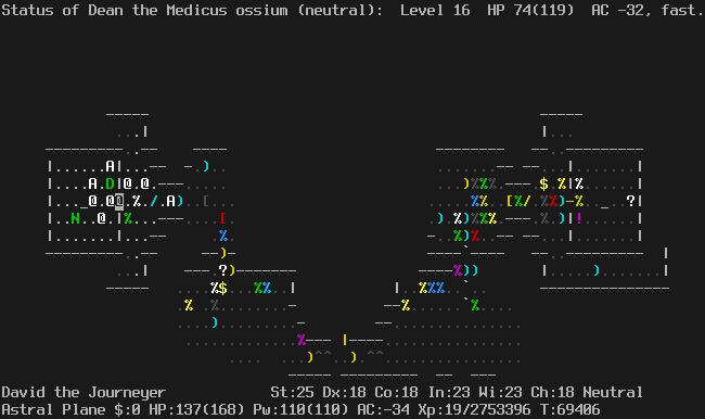 On the Astral Plane.
The player is standing in the doorway to the left sanctuary.
The door to the right is now open or destroyed and there is an angel standing in the doorway.
Inside the sanctuary, there is a high priest, two other humans, two angels, a dragon, and a naga.
One of the humans is standing in the way of entering the sanctuary.
The message line says "Status of Dean the Medicus ossium (neutral):  Level 16  HP 74(119)  AC -32, fast."
The status lines say:
David the Journeyer St:25 Dx:18 Co:18 In:23 Wi:23 Ch:18 Neutral
Astral Plane $:0 HP:104(168) Pw:110(110) AC:-34 Xp:19/2752590 T:69394