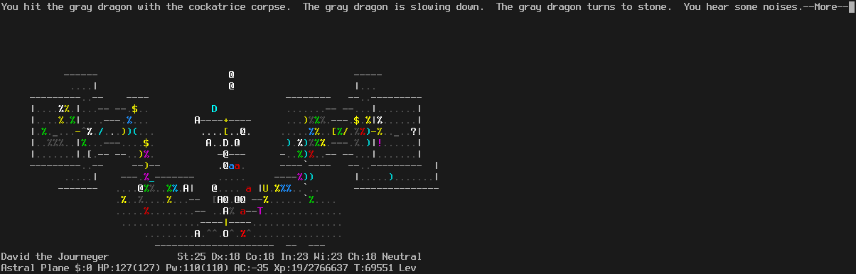 On the Astral Plane.
The player is in the second doorway of the center path.
A statue of a dragon is immediately ahead. A human and some insects are behind.
The door to the sanctuary is closed.
The message line says "You hit the gray dragon with the cockatrice corpse.  The gray dragon is slowing down.  The gray dragon turns to stone.  You hear some noises.--More--"
The status lines say:
David the Journeyer St:25 Dx:18 Co:18 In:23 Wi:23 Ch:18 Neutral
Astral Plane $:0 HP:127(127) Pw:110(110) AC:-35 Xp:19/2766637 T:69551 Lev