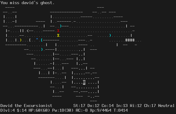 In the Gnomish Mines. A lighted level. The level is half explored. The player is standing in an opening in the bottom center, next to a ghost. The message line says "You miss david's ghost". The status lines say:
David the Excursionist St:17 Dx:12 Co:14 In:13 Wi:12 Ch:17 Neutral
Dlvl:4 $:14 HP:60(60) Pw:18(30) AC:-8 Xp:9/4464 T:8414