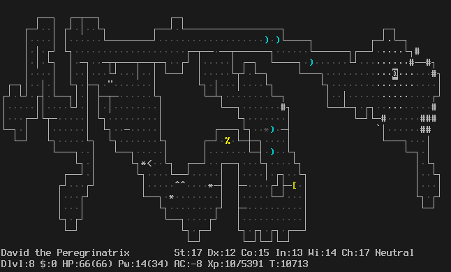 In the Gnomish Mines, on the same level as the previous screenshot. This one uniquely has the DECgraphics option tunred on, so the cave boundaries are connected lines instead of dashes and pipes. The message line is empty. The status lines say:
David the Peregrinatrix St:17 Dx:12 Co:15 In:13 Wi:14 Ch:17 Neutral
Dlvl:8 $:0 HP:66(66) Pw:14(34) AC:-8 Xp:10/5391 T:10713