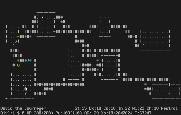 In the Dungeons of Doom. There are 8 rooms. The player is in the lower left room, next to an up staircase. A horse and a troll are visible by ESP outside the room.
The message line is empty.
The status lines say:
David the Journeyer St:25 Dx:18 Co:18 In:22 Wi:23 Ch:18 Neutral
Dlvl:1 $:0 HP:288(288) Pw:109(110) AC:-39 Xp:19/2642624 T:67247