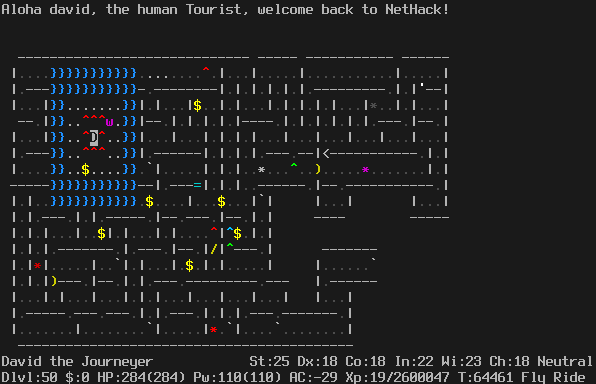 A Gehennom maze level. It is about half explored.
The player is in the upper left, surrounded by the rings of water and fire traps that are the result of the ritual. A purple worm is just outside the fire traps.
The message line says "Aloha david, the human Tourist, welcome back to NetHack!"
The status lines say:
David the Journeyer St:25 Dx:18 Co:18 In:22 Wi:23 Ch:18 Neutral
Dlvl:50 $:0 HP:284(284) Pw:110(110) AC:-29 Xp:19/2600047 T:64461 Fly Ride