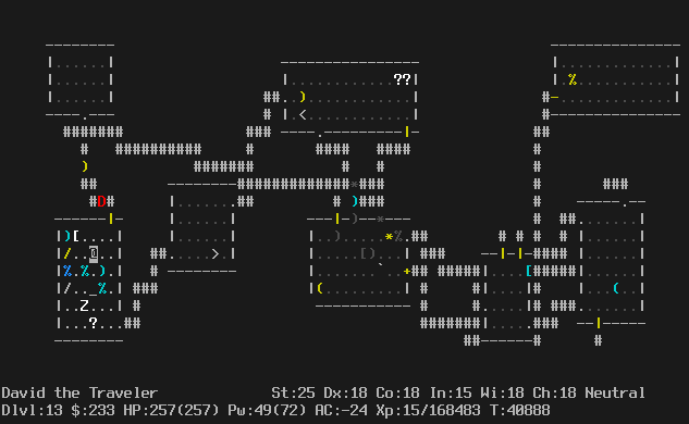 In the Dungeons of Doom. There are 8 rooms in the fully explored level.
The player is in the lower left room, where there is an altar and a bunch of junk on the floor.
A zombie or skeleton is in the room. In the hallway just outside the room (visible by telepathy), there is an orange dragon,
my pet Sleepy.
The message line is empty.
The status lines say:
David the Traveler St:25 Dx:18 Co:18 In:15 Wi:18 Ch:18 Neutral
Dlvl:13 $:233 HP:257(257) Pw:49(72) AC:-24 Xp:15/168483 T:40888
