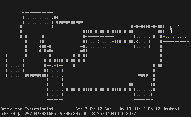 In the Dungeons of Doom. There are 7 rooms. The player and her dog are in a room with an altar. The message line is empty. The status lines says:
David the Excursionist St:17 Dx:12 Co:14 In:13 Wi:12 Ch:17 Neutral
Dlvl:4 $:4752 HP:43(60) Pw:30(30) AC:-8 Xp:9/4319 T:8077