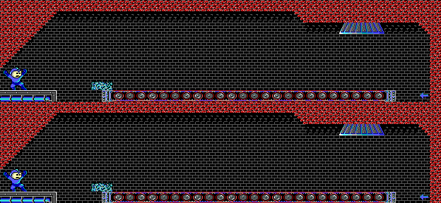 An animation of Mega Man jumping forward over a backwards conveyor, comparing the earliest possible jumps with jumps that are 1 frame slower.