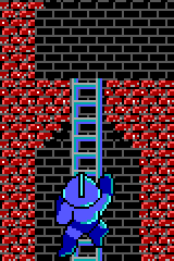 An animation of Mega Man reaching the top of the long ladder in Dyna Man's stage, and clipping into the solid tile on the right.