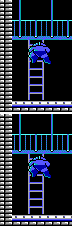 A split-screen animation comparing Mega Man jumping at the top of a ladder, and not jumping. The jumping one is a tile and a half faster.