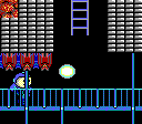 An animation of Mega Man repeatedly jumping for the same ladder, with minor variations each time.