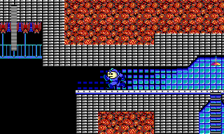 An animation of Mega Man entering the bat cave in Sonic Man's stage, dying with F10, and respawning a few tiles down and to the left of where he was.