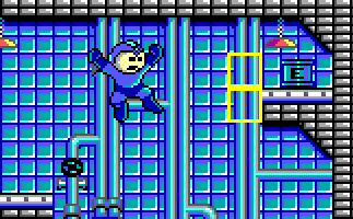 A screenshot of the platform holding the E Tank, with the two climbable pipe tiles highlighted.