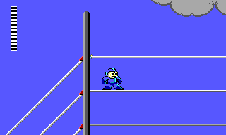 An animation of Mega Man traversing the death barrier in Volt Man's stage using the E Tank trick, and moving left to stand atop the pole at the left of the stage.