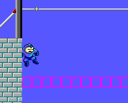 A screenshot of Mega Man falling toward the death barrier in Volt Man's stage, with the death tiles highlighted.