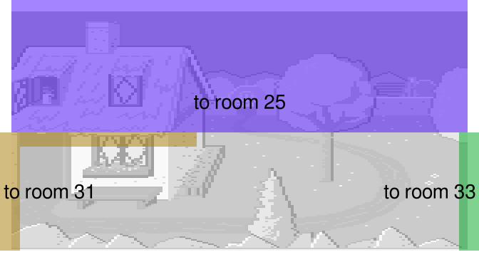 Picture of room 32 with zones that transfer to other rooms highlighted.