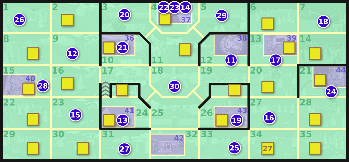 Game map, a grid of 7×5 overworld rooms where rooms 4, 10, 12, 13, 15, 21, 24, 26, and 32 additionally link to an interior room. Black lines show where there are barriers between or within adjacent rooms.