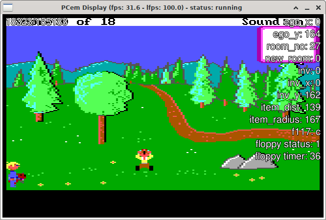 Screenshot of PCem in room 27, just before delivering the Little Dog. RAM watch values are overlaid: ego_x: 0, ego_y: 164, room_no: 27, new_room: 0, inv: 0, inv_x: 0, inv_y: 162, item_dist: 139, item_radius: 167, f117: c, floppy status: 1, floppy timer: 36.