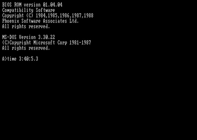 DOS prompt showing the command "A>time 3:40:5.3".