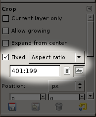 Screenshot of Gimp tool tray showing how to choose a 401:199 fixed aspect ratio.