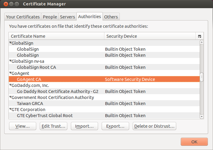A screenshot of Firefox's Certificate Manager with "GoAgent CA" selected