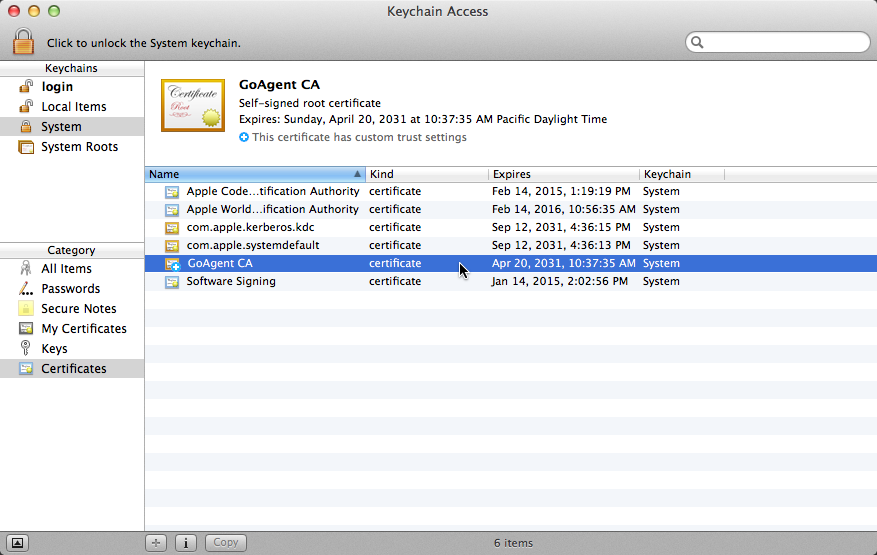 A screenshot of the Keychain Access with "GoAgent CA" selected