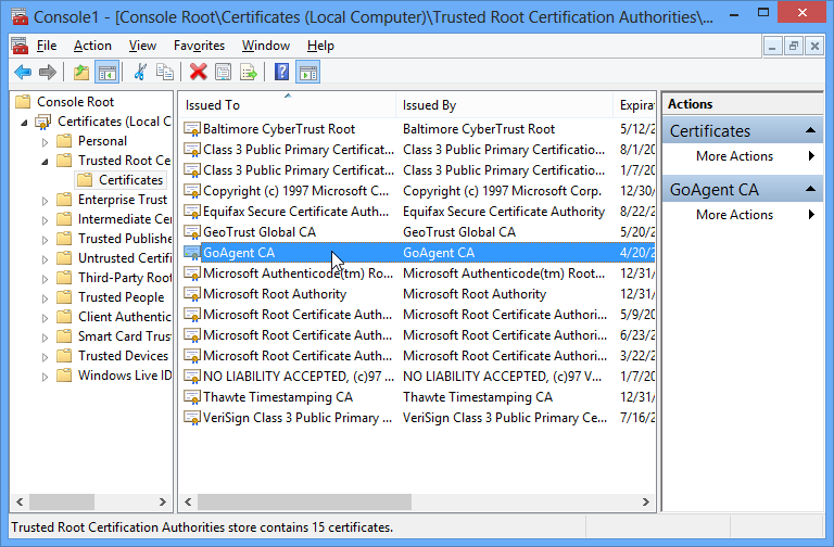 A screenshot of the Windows Trusted Root Certification Authorities store with "GoAgent CA" selected