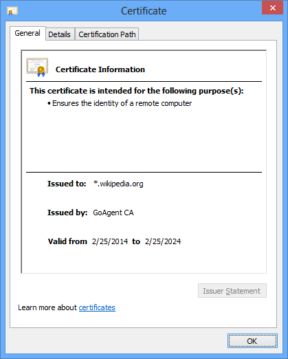 A picture of Wikipedia's certificate when using GoAgent, verified by "GoAgent CA"