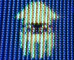 A Blooper from Super Mario Bros., in a photograph taken very close to a TV screen so that individual phosphor triads are visible.