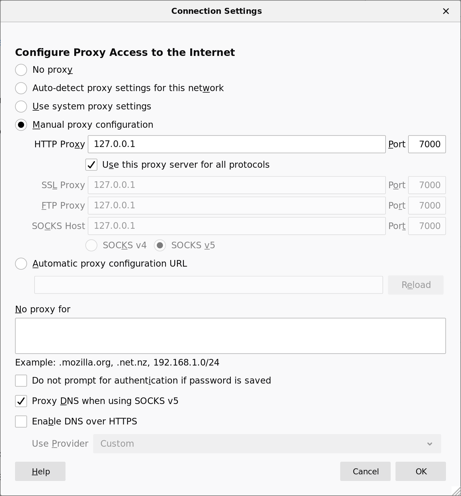 A screenshot of the Connection Settings dialog in Firefox 68.7.0esr.
      The "Manual proxy configuration" radio button is selected, with
      "HTTP Proxy: 127.0.0.1", "Port: 7000", and
      "Use this proxy server for all protocols" checked.