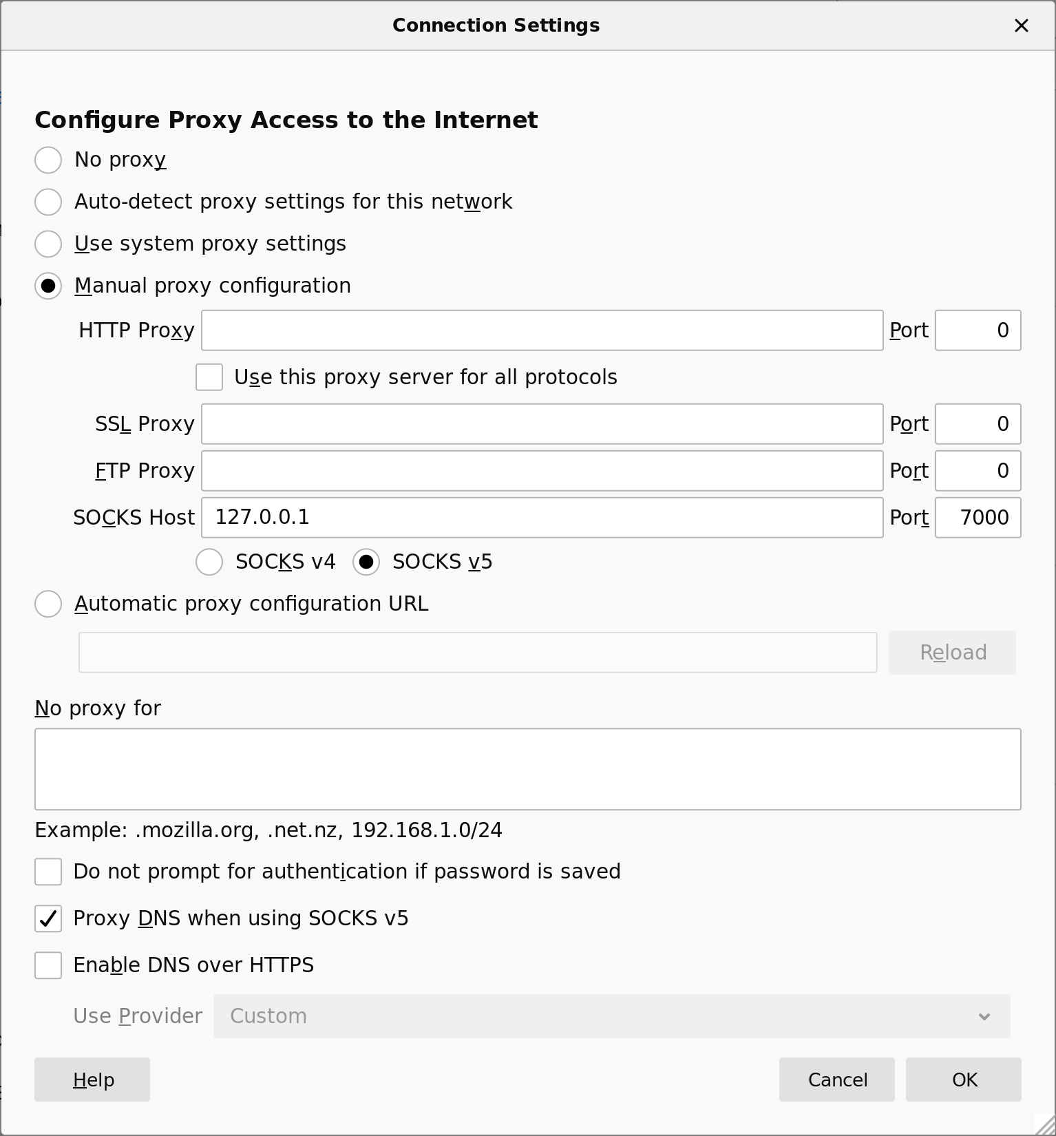 A screenshot of the Connection Settings dialog in Firefox 68.7.0esr.
      The "Manual proxy configuration" radio button is selected, with
      "SOCKS Host: 127.0.0.1", "Port: 7000", and
      "SOCKS v5" selected.
      "Proxy DNS when using SOCKS v5" is checked.