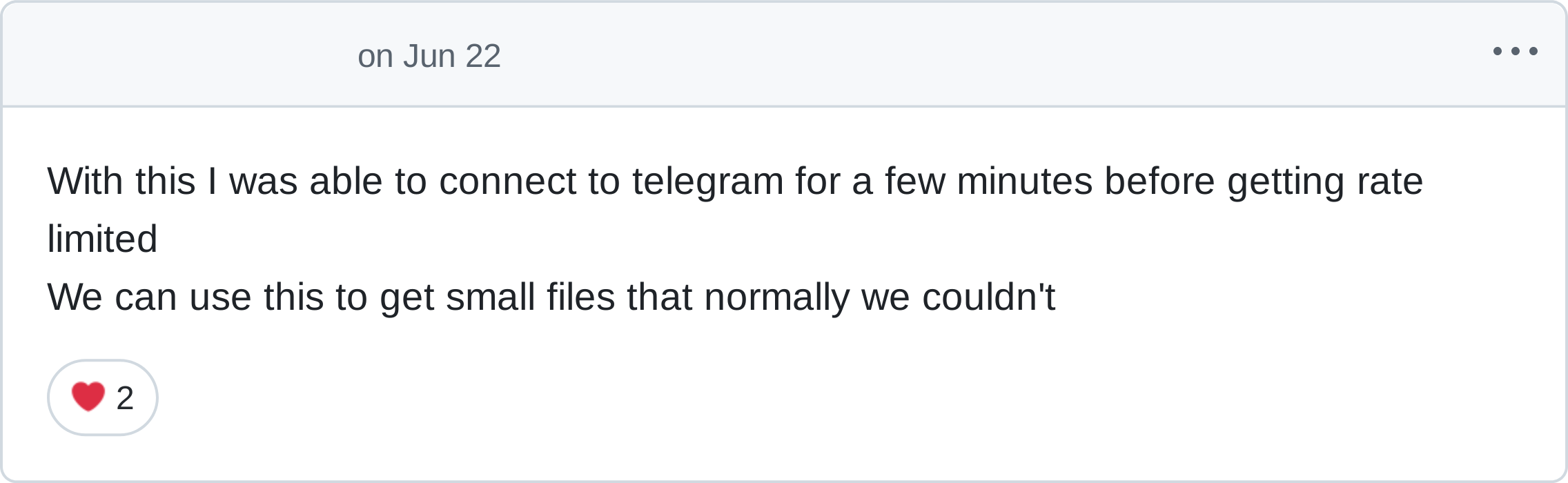 With this I was able to connect to telegram for a few minutes before getting rate limited
We can use this to get small files that normally we couldn't
