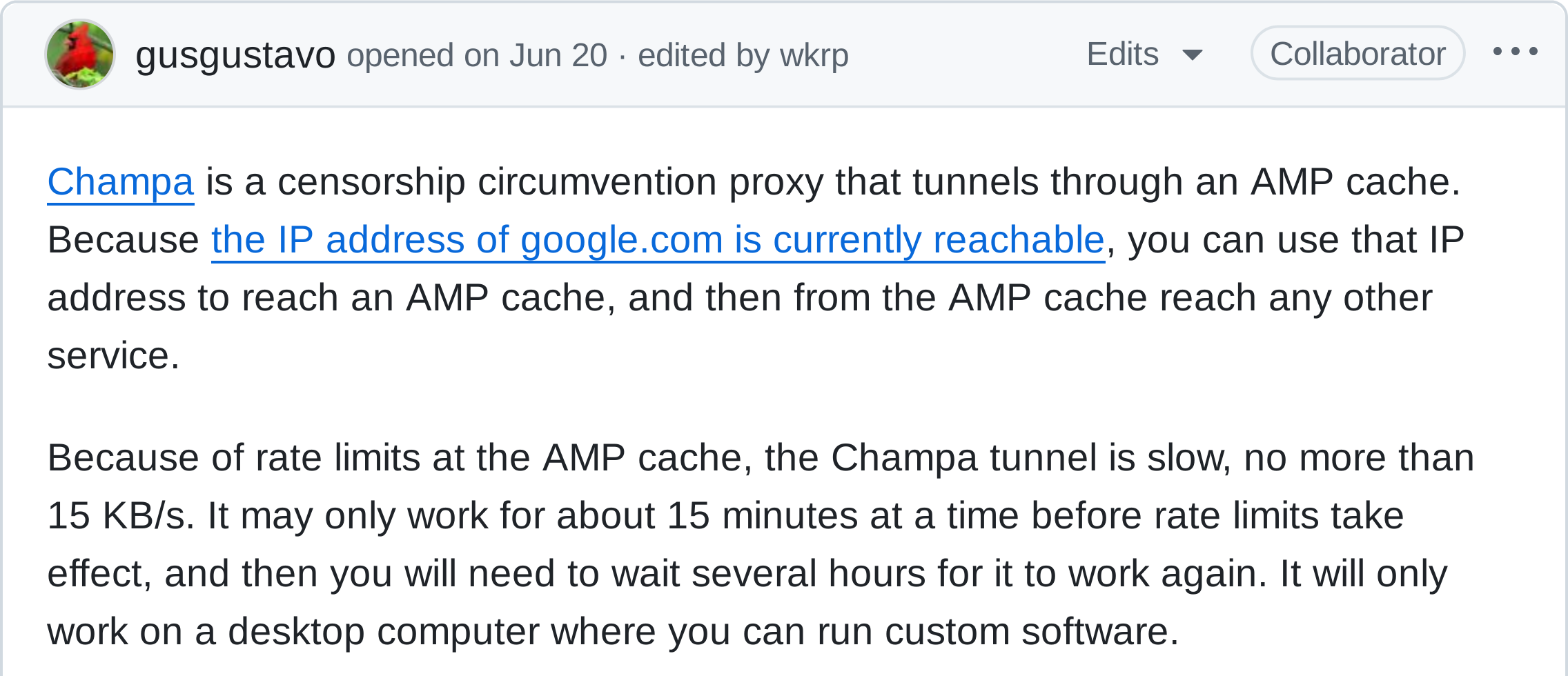 Champa is a censorship circumvention proxy that tunnels through an AMP cache. Because the IP address of google.com is currently reachable, you can use that IP address to reach an AMP cache, and then from the AMP cache reach any other service.

Because of rate limits at the AMP cache, the Champa tunnel is slow, no more than 15 KB/s. It may only work for about 15 minutes at a time before rate limits take effect, and then you will need to wait several hours for it to work again. It will only work on a desktop computer where you can run custom software.