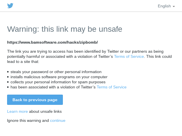 Screenshot of a twitter "unsafe link" page referring to the zip bomb article.