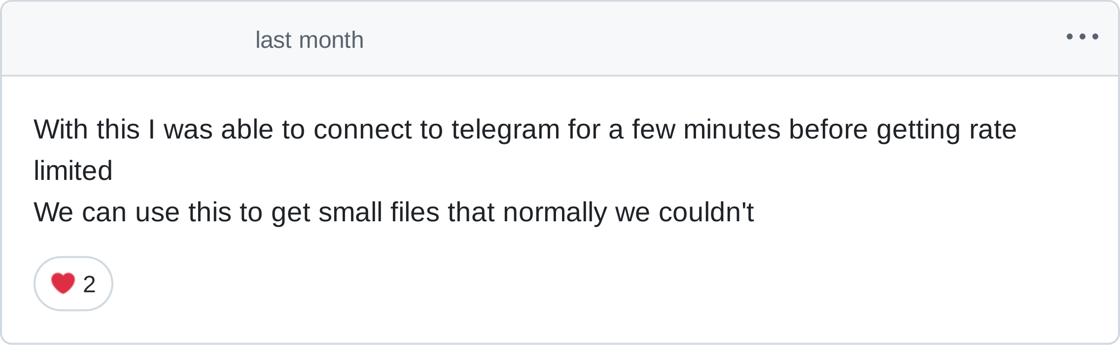 With this I was able to connect to telegram for a few minutes before getting rate limited
We can use this to get small files that normally we couldn't