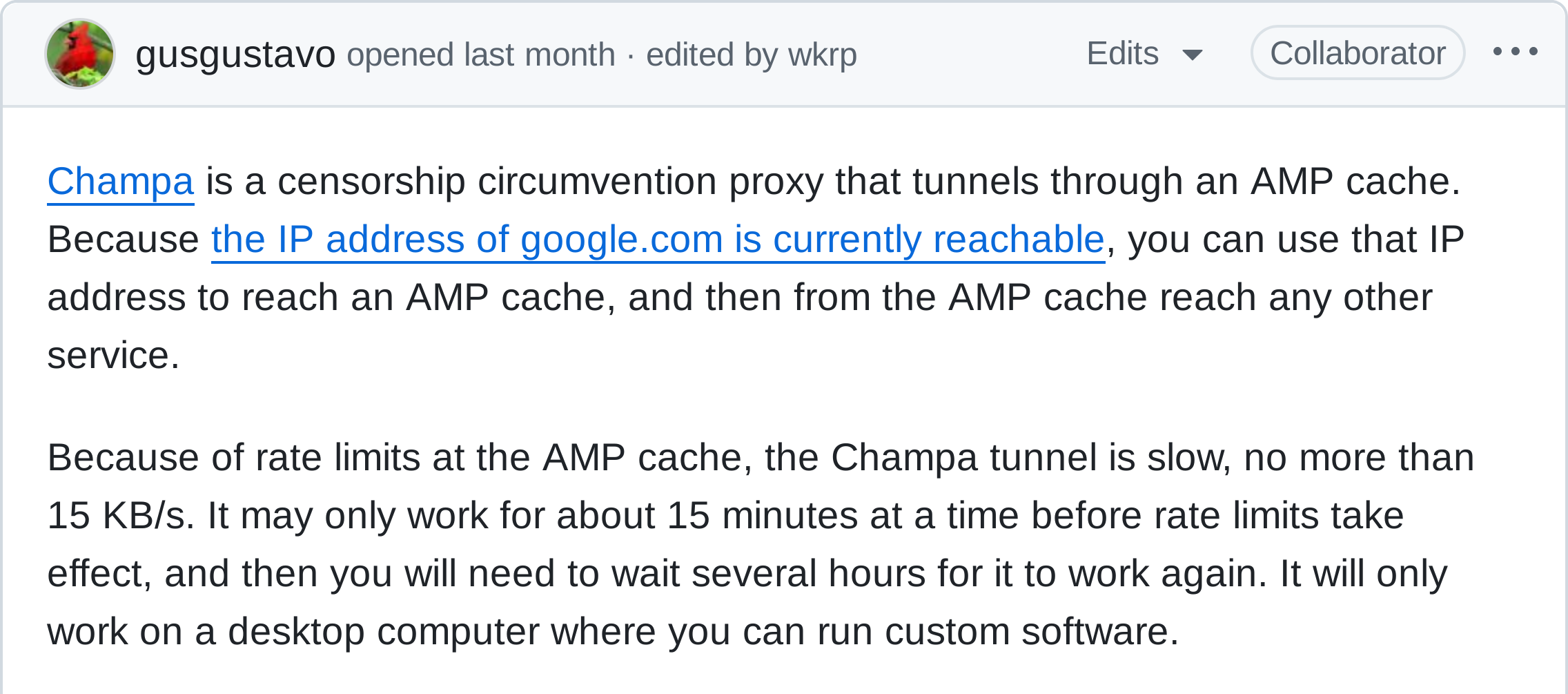Champa is a censorship circumvention proxy that tunnels through an AMP cache. Because the IP address of google.com is currently reachable, you can use that IP address to reach an AMP cache, and then from the AMP cache reach any other service.

Because of rate limits at the AMP cache, the Champa tunnel is slow, no more than 15 KB/s. It may only work for about 15 minutes at a time before rate limits take effect, and then you will need to wait several hours for it to work again. It will only work on a desktop computer where you can run custom software.