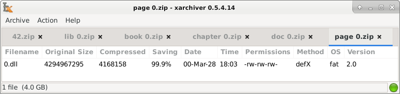 Screenshot of xarchiver 0.5.4.14 open to the bottom layer of 42.zip.