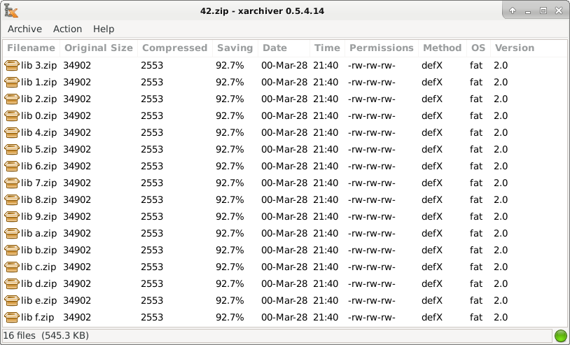 Screenshot of xarchiver 0.5.4.14 open to the top layer of 42.zip.