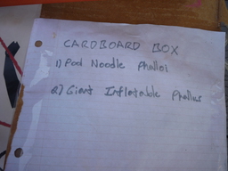 Notebook paper reading “CARDBOARD BOX. 1) Pool Noodle Phalloi. 2) Giant Inflatable Phallus.”